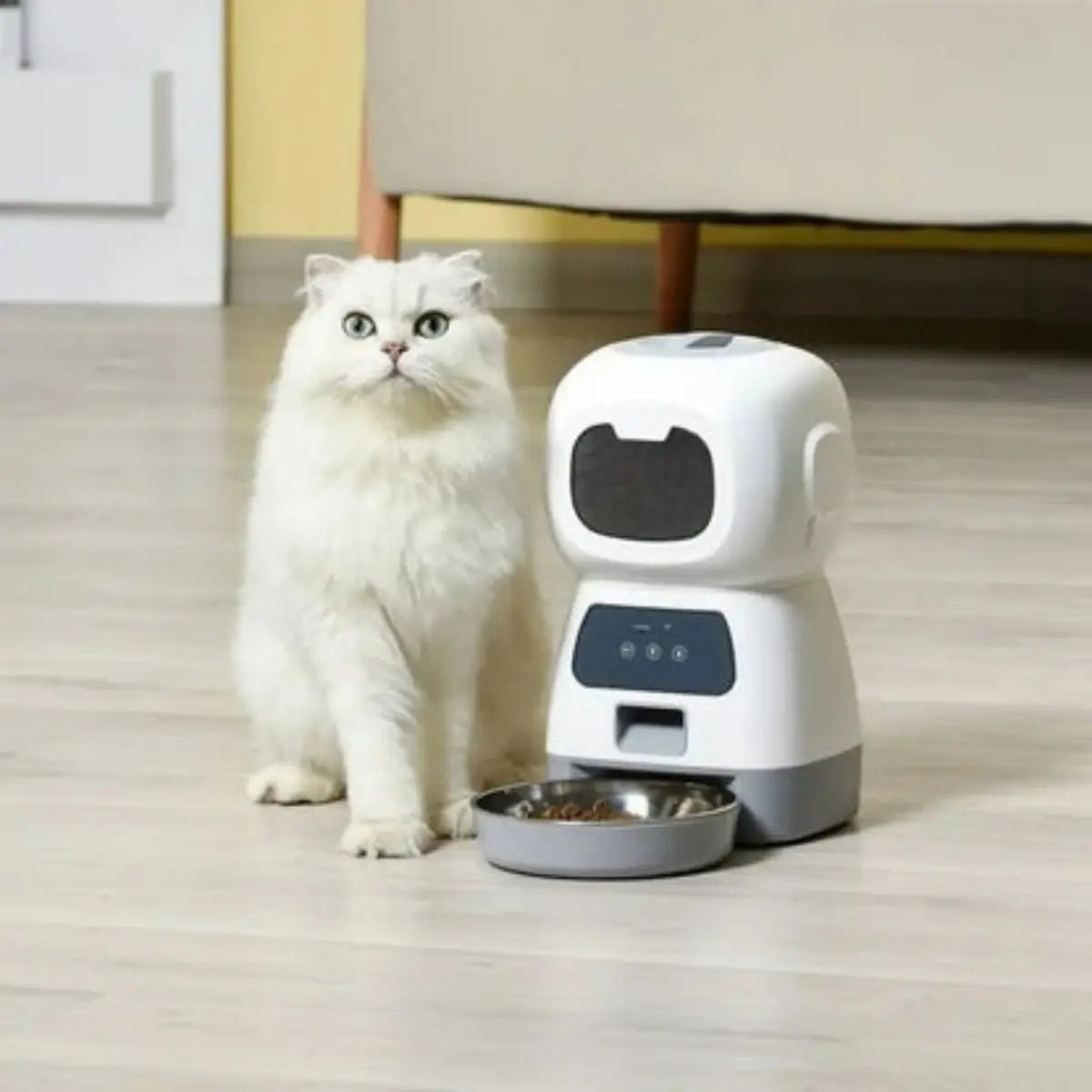 distributeur de croquettes pour chat NutriZen avec design moderne et bol en acier inoxydable - vue de dessus